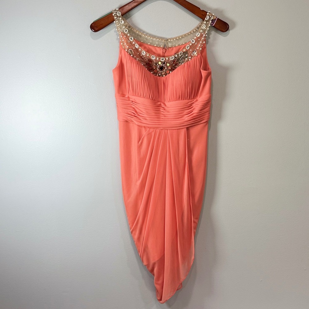 VTG Adrianna Papell Coral Beaded Illusion Neck Tulip Cocktail Dress Size 6 new